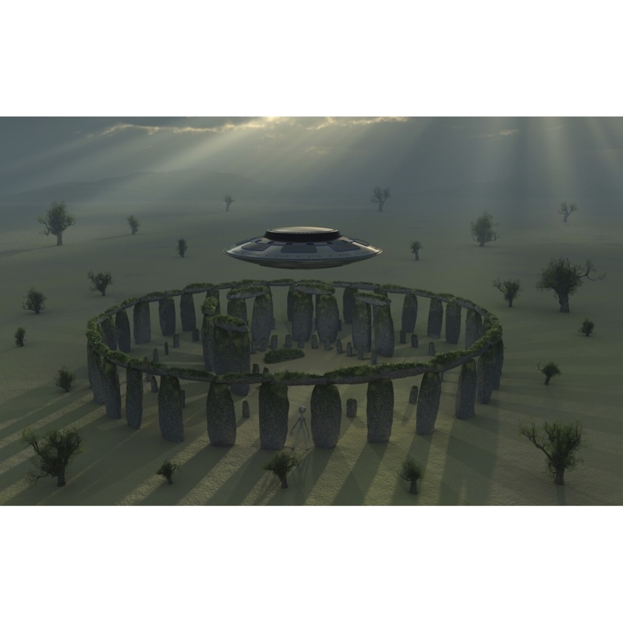 A Ufo And Its Alien Crew Visiting Stonehenge Poster Print